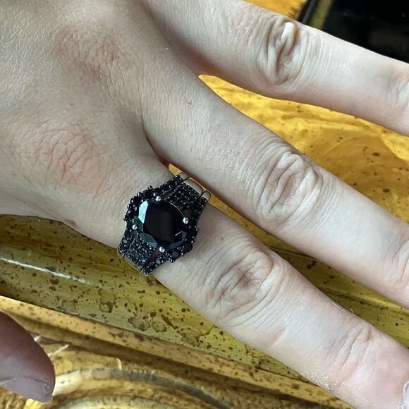 Natural Black Spinel Sterling Silver Ring Set Size 8.75 - Picture 4 of 10